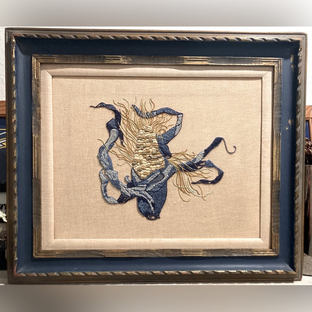 Rare Fielding Blue Gold Maize Corn Crewel Embroidery Panel Framed